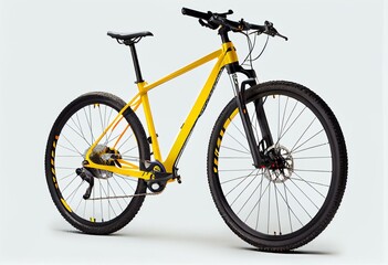 Fototapeta na wymiar new yellow mountain bike bicycle isolated on white background / Neues mountainbike Fahrrad gelb isoliert auf weißem Hintergrund. Generative AI