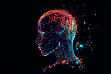Ai artwork of a human head with ai technology network graphics and connections. Generative ai.