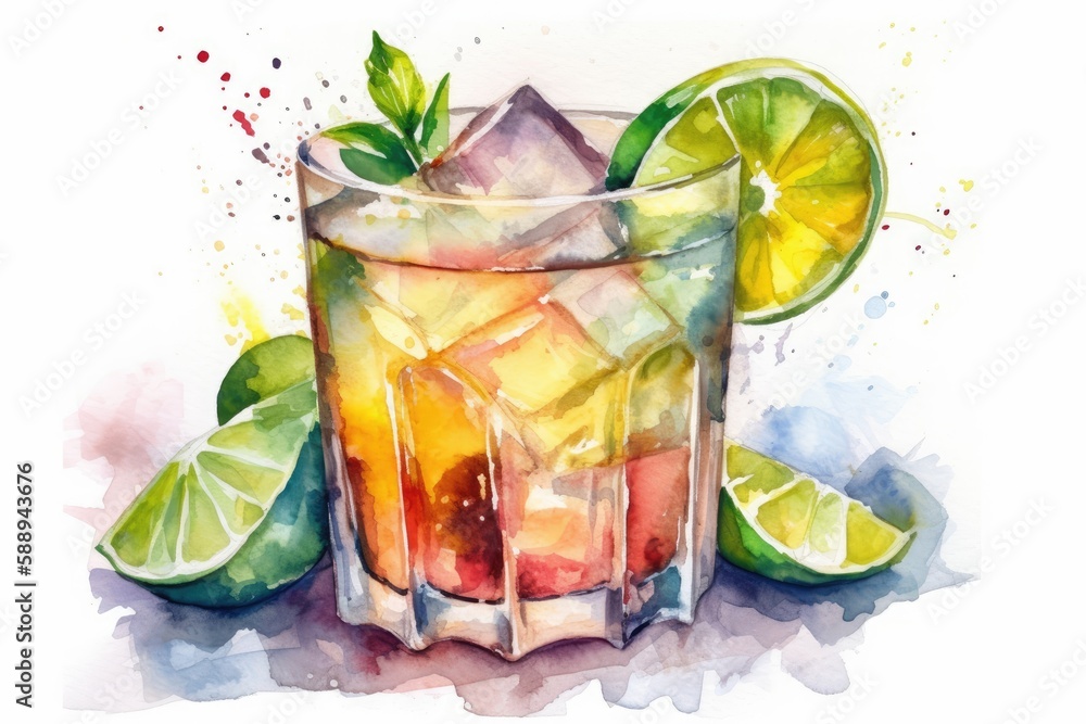 Poster refreshing lime drink with citrus slices. generative ai