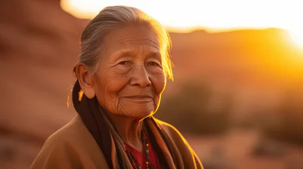 Fotobehang Portrait of native american senior woman at sunset by generative AI © Gary
