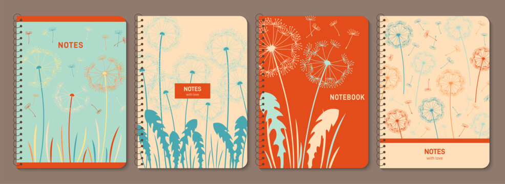 Dandelion with flying seeds trendy notebook cover set. Abstract summer plant design for notepad planner, brochure, book, catalog with flowers. Decorative layout page floral print template vector