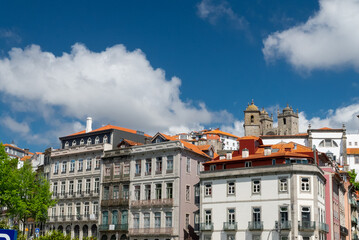 Oporto, Portugal. April 12 , 2022: Landscape in the city with blue sky and city architecture.