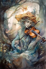 Fairy player, beautiful woman spirit playing violin, irish fiddle in enchanted forest, AI generative watercolor illustration