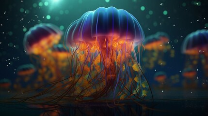 Glowing neon jellyfish under water