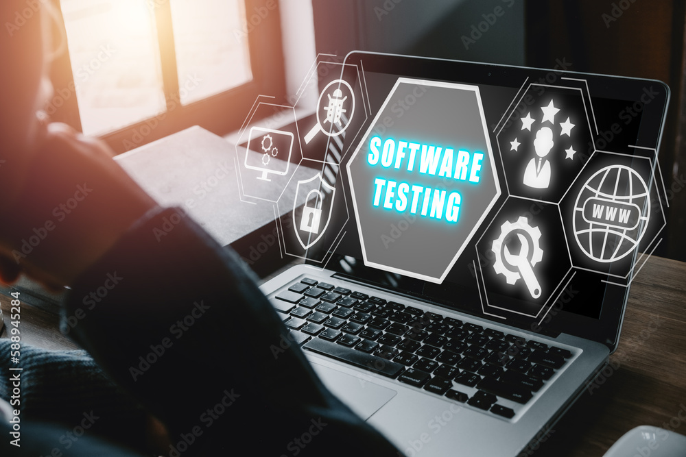 Poster person hand typing keyboard computer with software testing inscription icon on vr screen, business, 