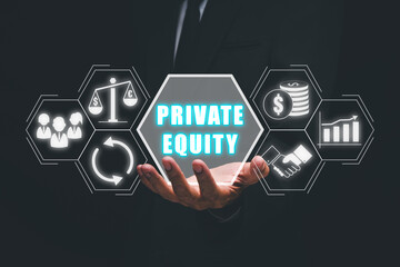 Private equity investment business concept, Young businessman hand holding virtual private equity...