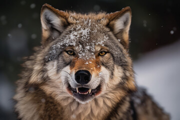 Fototapeta premium Photorealistic ai artwork of a portrait of a wolf in the snow. Generative ai.