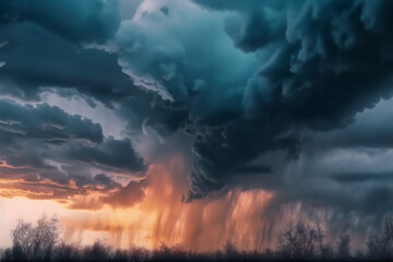 Fototapeta premium Photorealistic ai artwork of a large rainstorm at sunset or sunrise. Dramatic sky. Generative ai.