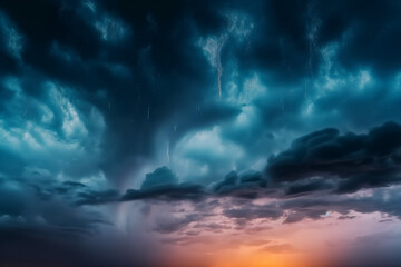 Fototapeta na wymiar Photorealistic ai artwork of a large rainstorm at sunset or sunrise. Dramatic sky. Generative ai.