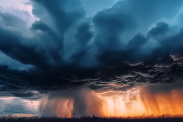 Photorealistic ai artwork of a large rainstorm at sunset or sunrise. Dramatic sky. Generative ai.