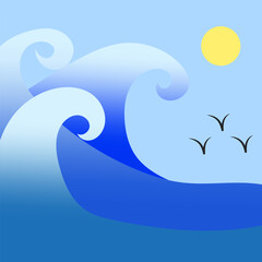 cartoon waves sun. Travel background. Vector illustration.