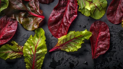 Red beet leaves on black, flat lay, top view, AI generative