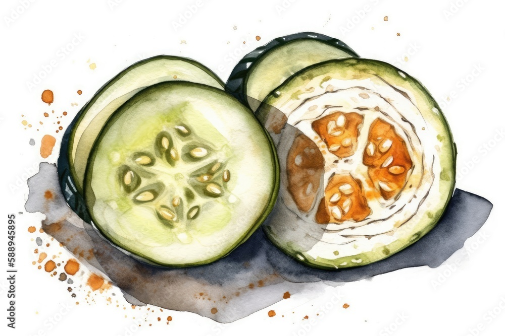 Poster sliced cucumber painted using watercolors. generative ai