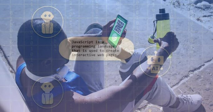 Animation of online ai chat processing over african american man sitting in street using smartphone