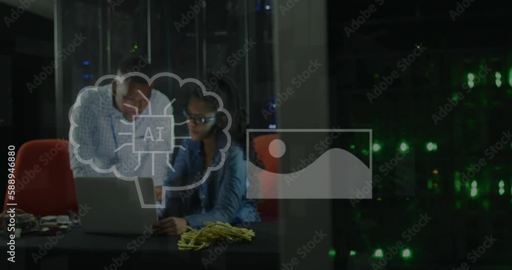 Poster animation of ai text, icons and diverse it engineers and computer servers