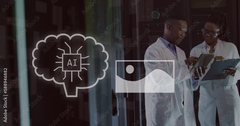 Poster animation of ai text, icons, diverse it engineers and computer servers