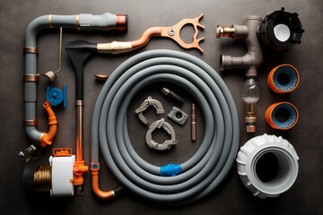 A flat lay photograph of plumbing equipment used in the industry is an excellent way to showcase the variety of tools and materials used in plumbing. Generative AI.