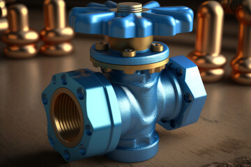 The pipeline industry's blue valve, captured in a close-up shot. Generative AI.