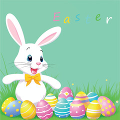 Easter Bunny and colorful Easter eggs. Greeting card for Easter. Texture for Easter holiday.
