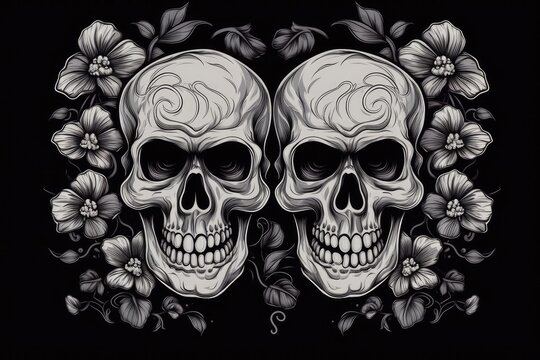 two skull designs adorned with colorful flowers on a dark background. Generative AI
