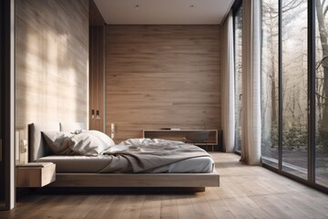 Close up of a wooden panel; contemporary bedroom; parquet floor; large panoramic window. Zen inspired minimalist interior design concept, modern architectural model,. Generative AI
