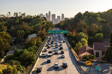Rush Hour on the 110 Freeway in Downtown Los Angeles at Sunset