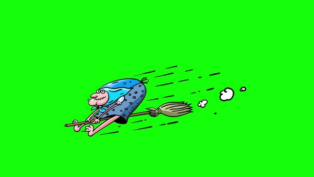 Blue witch on whisk broom flying on green 255 background. Cartoon crazy doodle character. Seamless loop.