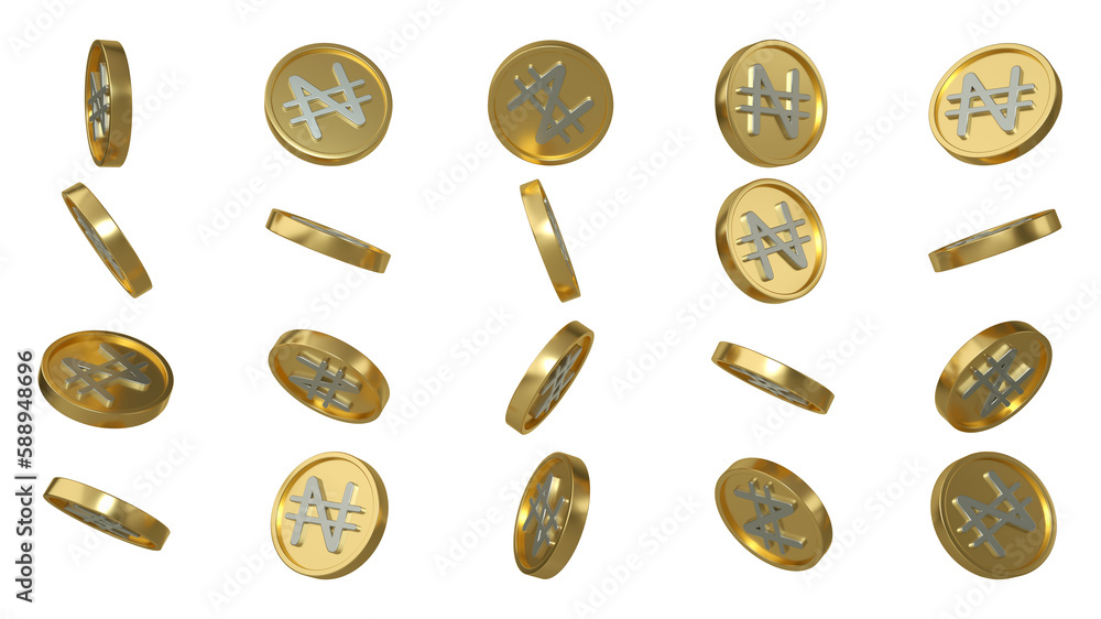 Poster 3d rendering of set of abstract nigerian naira coin concept in different angles. naira sign on coin 