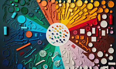 Pieces of colored plastic beautifully arranged in rainbow pattern, AI generative color wheel, illustration of eco-friendly environmental arts and crafts, upcycling.