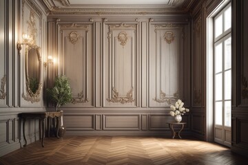 Traditional interior with paneling, moldings, and a blank wall. mock up for an illustration. Generative AI - obrazy, fototapety, plakaty