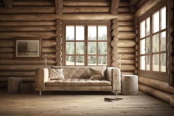 Beige colored farmhouse log cabin made of bleached wood. windows, carpet, and fabric sofa. rustic interior design, frame mockup. Generative AI