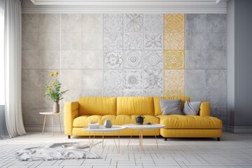 White and yellow floral wall and gray sofa in living room with modern interior background. Retro minimalism design concept with contrasting colors and a wall accent. Generative AI