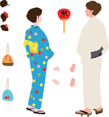 夏祭で浴衣を着たカップルのベクターイラスト素材 小物セット