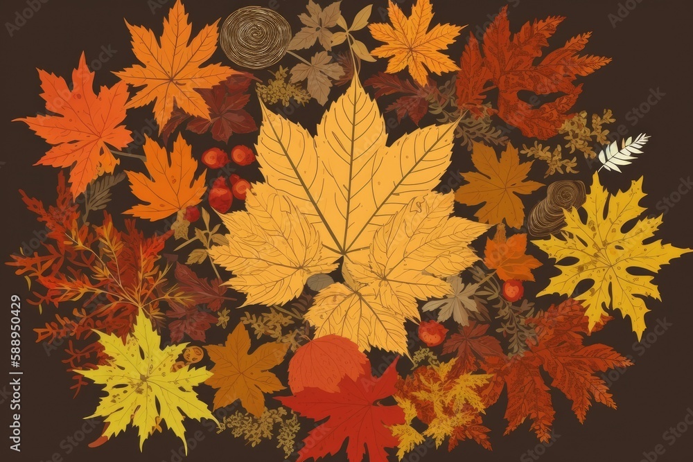 Poster Fall-themed table setting with leaves as the centerpiece. Generative AI