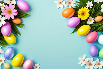 Naklejka na ściany i meble Colored easter eggs on a solid color background with flowers