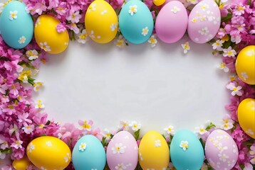 Colored easter eggs on a solid color background with flowers