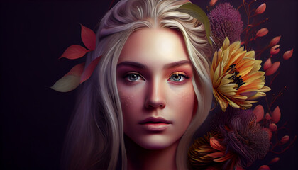花と金髪の女性の美容イメージ（コスメ・エステ・髪の毛・美容室・ヘアケア・Generative AI）
