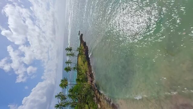 Vertical Shot Of Los Coquitos Beach With Tropical Palm Trees During Summer In Mar&iacute;a Trinidad S&aacute;nchez, Dominican Republic. FPV
