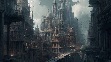 castle city of darkness and shadows, digital art illustration, Generative AI