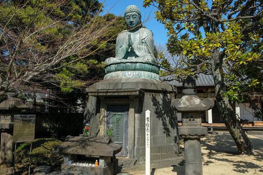 Tokyo, Japan - March 3, 2023: Bronze Buddha statue constructed in 1690 by Ota Kyuemon known as "Tennoji Daibutsu" at Tennoji Temple in Yanaka, Tokyo, Japan.