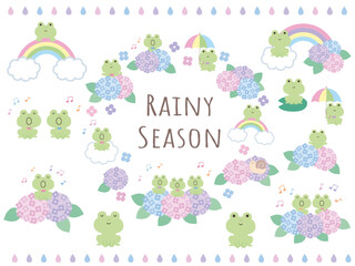 梅雨の季節のかわいいかえるのイラストセット