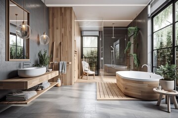 Fototapeta na wymiar Modern, artistic bathroom with gray and wood finishes, open concept, parquet flooring. Roof beams, a shower, a free standing bathtub, and a comfortable seating area. concept for a spa's decor