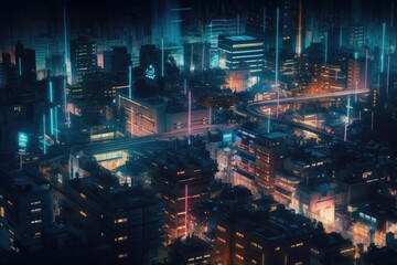 Fototapeta premium Aerial view of futuristic city at night, generative AI
