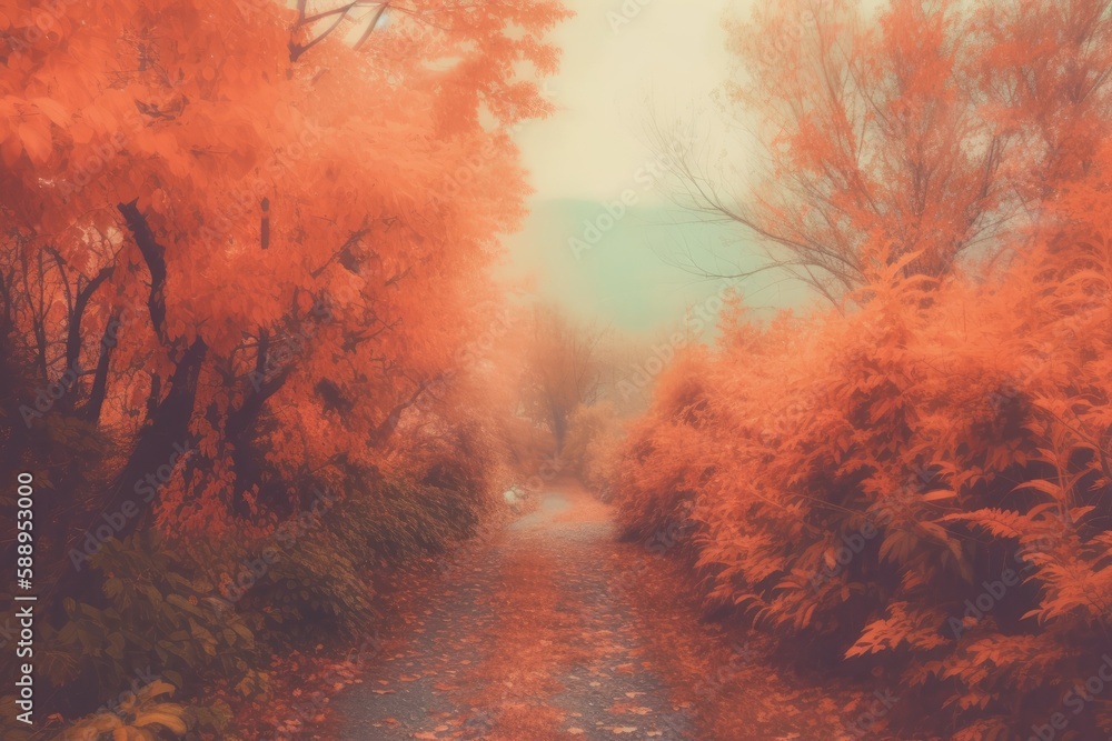 Poster serene forest path surrounded by tall trees. generative ai