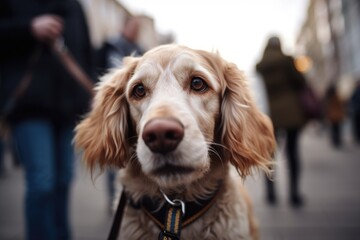Dog walking in the city with its owner, generative AI