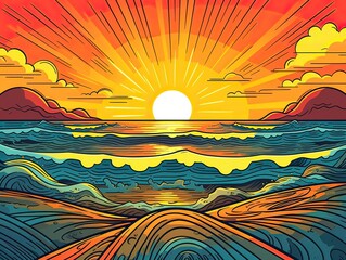 illustration of Sea landscape summer beach with palms, boat, horizon at sunset. artoon style illustration for t shirt design. Generative Ai.