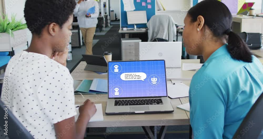 Poster diverse businesswomen in office using computer with ai digital messaging chat on screen