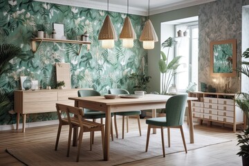 White green wooden farmhouse dining room. Floral wallpaper, seats, table. Japanese interiors. Generative AI
