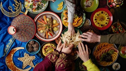 Eid holiday table. Ramadan family dinner. Breaking Fast, iftar. Arabic Middle Eastern traditional cuisine - obrazy, fototapety, plakaty