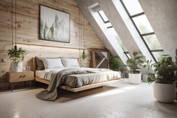 Bedroom in the attic with white stone walls, greenery, and a vertical poster. On a curbstone in the backdrop, we can see a bed with bedside tables, vases, and photo frames. Generative AI